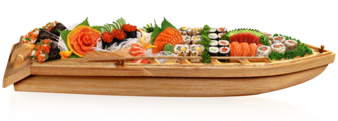 barca de bambu com sushi, sashimi, temaki, peixe cru, naguiri e frutos do mar isolado em fundo transparente - comida japonesa