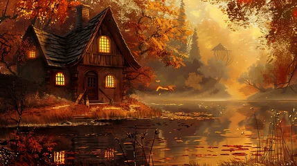 Möbelaufkleber Quaint rustic witchs cabin by the lake autumn forest background orange. Generative Ai © Handz