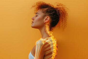Hernia of the cervical spine, neck pain, woman suffering from backache, spondylosis of the intervertebral disc, health problems concept, yellow background - 743711082