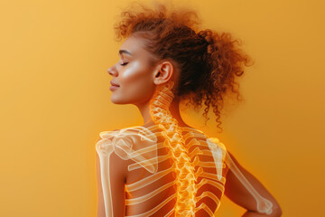 Hernia of the cervical spine, neck pain, woman suffering from backache, spondylosis of the intervertebral disc, health problems concept, yellow background - obrazy, fototapety, plakaty