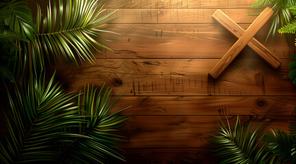 Palm sunday background. Cross and palm on wooden background