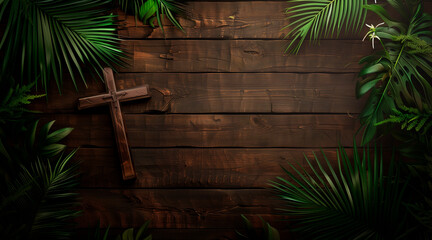 Palm sunday background. Cross and palm on wooden background - obrazy, fototapety, plakaty
