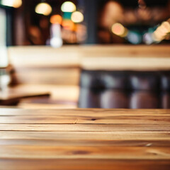 GENERATIVE AI Empty wooden table space platform and blurry defocused restaurant interior, Vintage tone