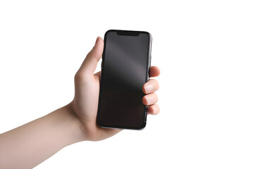 Female hand holding smartphone with blank screen on white background. closeup