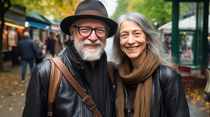Obraz premium Portrait of senior couple enjoying a sightseeing tour in a charming historic town