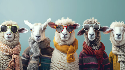 portrait of sheep with sunglasses, Cute animals in group wearing clothes. Generative Ai
 - obrazy, fototapety, plakaty