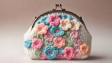Handmade crochet purse on white surface,It is made of crochet flowers joined one to another by hand sewing. Concept of art, design, and creativity.