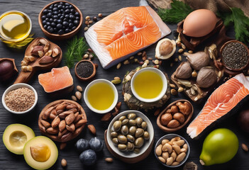 Selection Food sources of omega 3 and healthy fats Top view wit