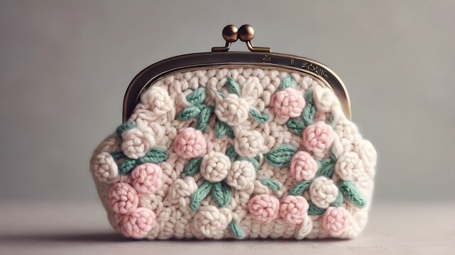 Handmade crochet flower purse on white surface along with yarns, crochet flowers, and crochet hook. 
