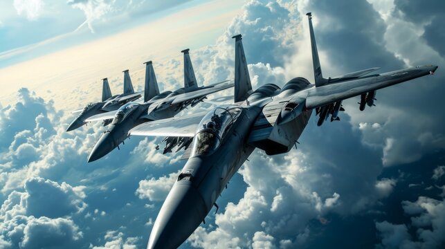 Squadron of Fighter Jets Soaring Above Clouds in Formation