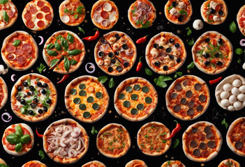 Selection of different pizzas on a black background and ingredients Peperoni Vegetarian and Seafood
