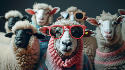 Fototapeta premium portrait of sheep with sunglasses, Cute animals in group wearing clothes. Generative Ai 