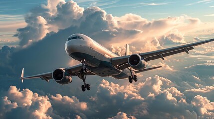 Commercial Airplane Ascending Amidst Majestic Sunset Clouds