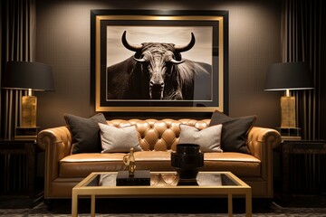 Gold Leaf Accents: Luxurious Touch with Leather Poster Frame in Living Rooms