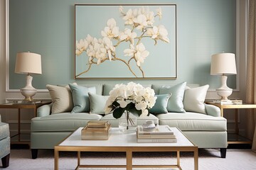 Gold Leaf Accents: Mint Green Wall Art with Stunning Gold Outlines for Living Rooms