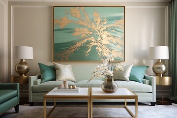 Gold Leaf Accents: Mint Green Wall Art with Elegant Gold Outlines