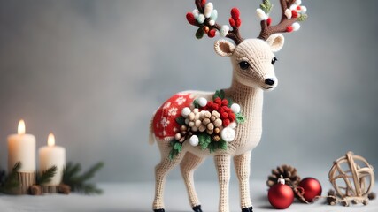 Christmas knitted deer on the background of a Christmas tree and gifts.christmas decoration with reindeer