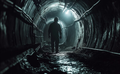 Coal Miner in Underground Tunnel