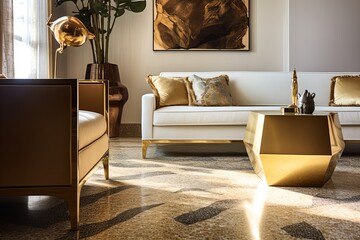 Gold Leaf Accents: A Luxurious Terrazzo Living Room with Golden Speckles