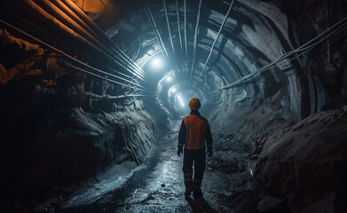 Coal Miner in Underground Tunnel