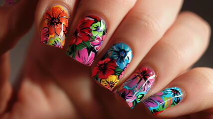 A dazzling display of intricate floral nail art featuring a burst of vibrant colors and detailed patterns."