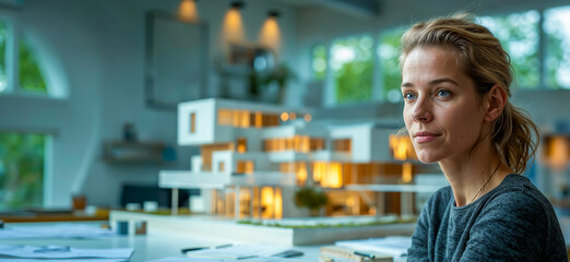 Femme architecte avec une maquette d'immeuble en arrière-plan
