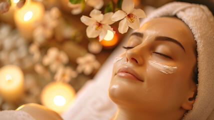 Obraz na płótnie Canvas A tranquil spa setting with a woman enjoying a facial treatment, surrounded by the soft glow of candles and delicate flowers for a complete relaxation experience.