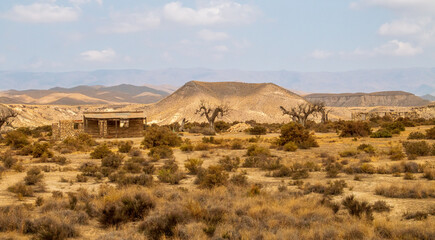 Representación de un pueblo del viejo salvaje oeste de USA. Abandonado Estudio de filmación en el desierto de Tabernas, Almería, España.