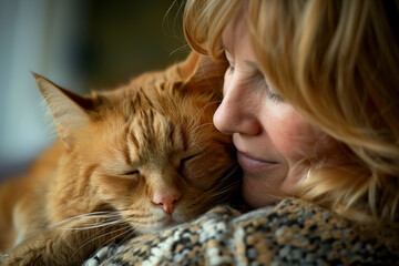A heartwarming close-up of a tender moment between a woman and her beloved ginger cat, showcasing the loving bond between humans and pets