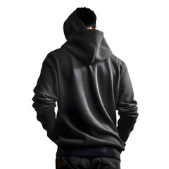 Man wearing a black hooded sweatshirt on white background with clipping path