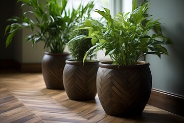 Herringbone Wooden Floor Patterns with Indoor Green Pot Plants Tapestry
