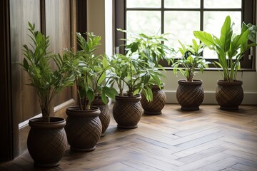 Herringbone Wooden Floor Patterns: House Indoor Green Pot Plants Merge