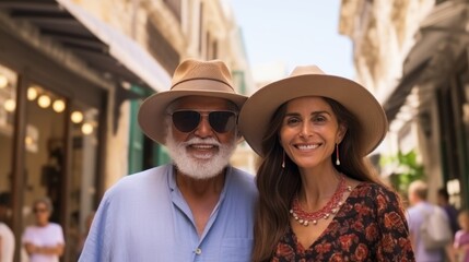 Happy senior couple tourists sightseeing in charming historic town on a sunny day