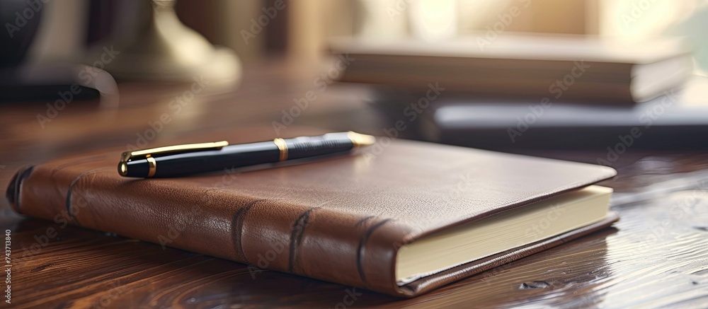 Poster a close-up shot of a notebook with a pen placed on top of a wooden desk. the notebook is open, showi