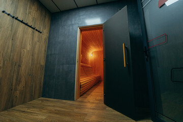 Interior View of Sauna Bath in modern spa space	

