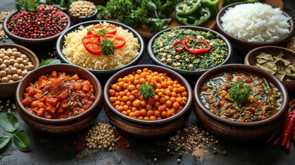 A spread of vegetarian Indian cuisine including legumes, rice, and spicy curries, rich in flavors and nutrients.
