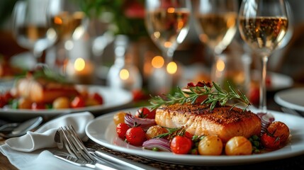Fine dining experience featuring a seared salmon fillet, garnished with herbs, alongside roasted vegetables and a glass of white wine.