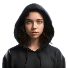 Portrait of a young woman in black hoodie on white background