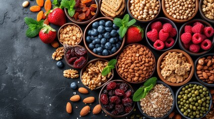 Adorning a dark textured background, an enticing variety of healthy snacks awaits discovery, with nuts, seeds, berries, and whole grain crackers providing a delightful mix of textures and flavors.
