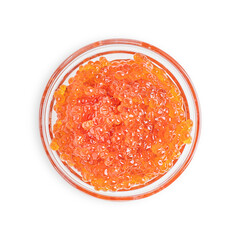 Top view of salted natural red caviar or salmon fish roe or orange colour served in glas bowl isolated on white background used as appetizer, snack or ingredient for sandwiches or celebration canapes