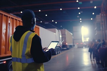 Warehouse receiver using barcode scanner to check and receive delivered goods in cargo area