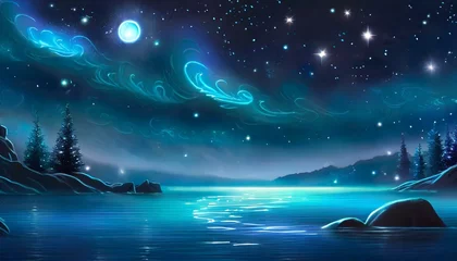 Rolgordijnen night landscape with stars wallpaper wallpaper ghost pirate ship floating on a cold dark blue sea landscape with a starry night sky background © FatimaBaloch