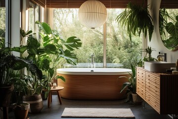 Fototapeta na wymiar Urban Jungle Mid-Century Modern Bathroom Inspirations with Houseplant Decor