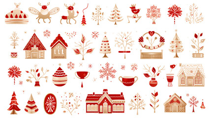 Vibrant Christmas Celebration: Big Set of Festive Symbols and Design Elements, Isolated on White Background. Traditional Ornaments for a Cheerful and Merry Holiday Season.