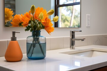 Vibrant Flower Vase: Mid-Century Modern Bathroom Inspirations with Countertop Accent