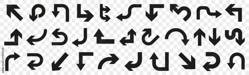 Poster Black traffic arrow for app. Simple arrow icons in black. Arrow template set. Arrow icon collection. Set of black direction arrow signs.
