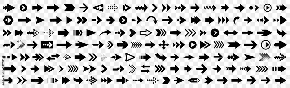 Poster Arrow icon collection. Set of black arrow signs. Black arrow cursor for app. Simple arrow icons in black. Arrow template set