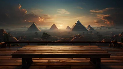 Rolgordijnen empty table wooden with landscape egypt background © Hamsyfr