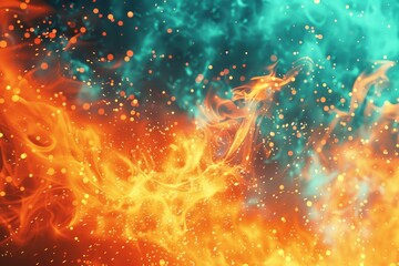 Naklejka premium dance of fire and smoke, where vibrant orange flames intertwine with ethereal teal smoke against a dark backdrop