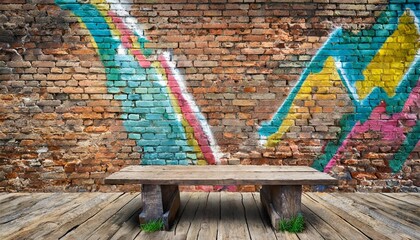wooden bench with graffiti brick wall background for product showcase